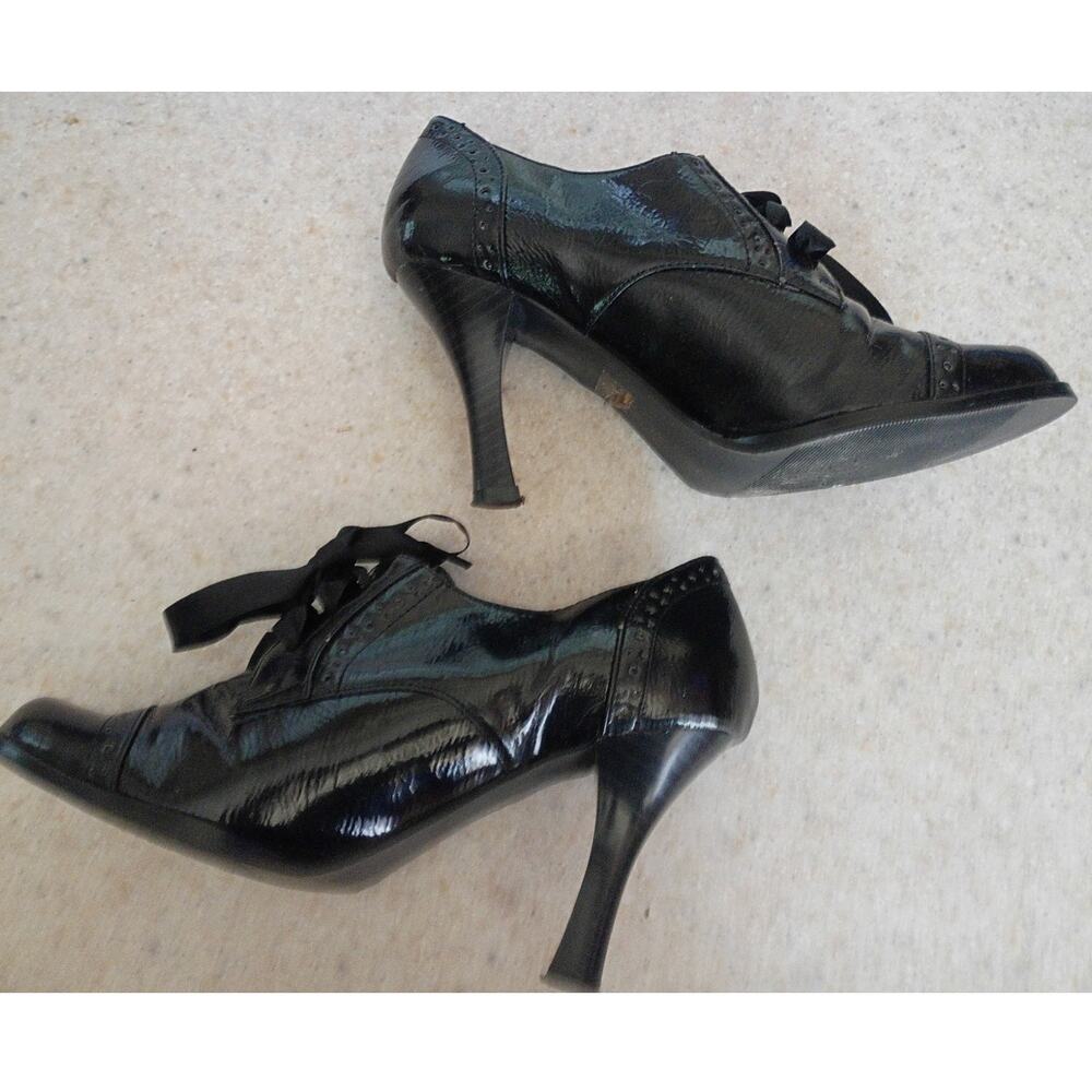 Black Patent Oxford Heels Womens 7 Lace Up Brogue Pumps 3.5 Heel Dress Shoes